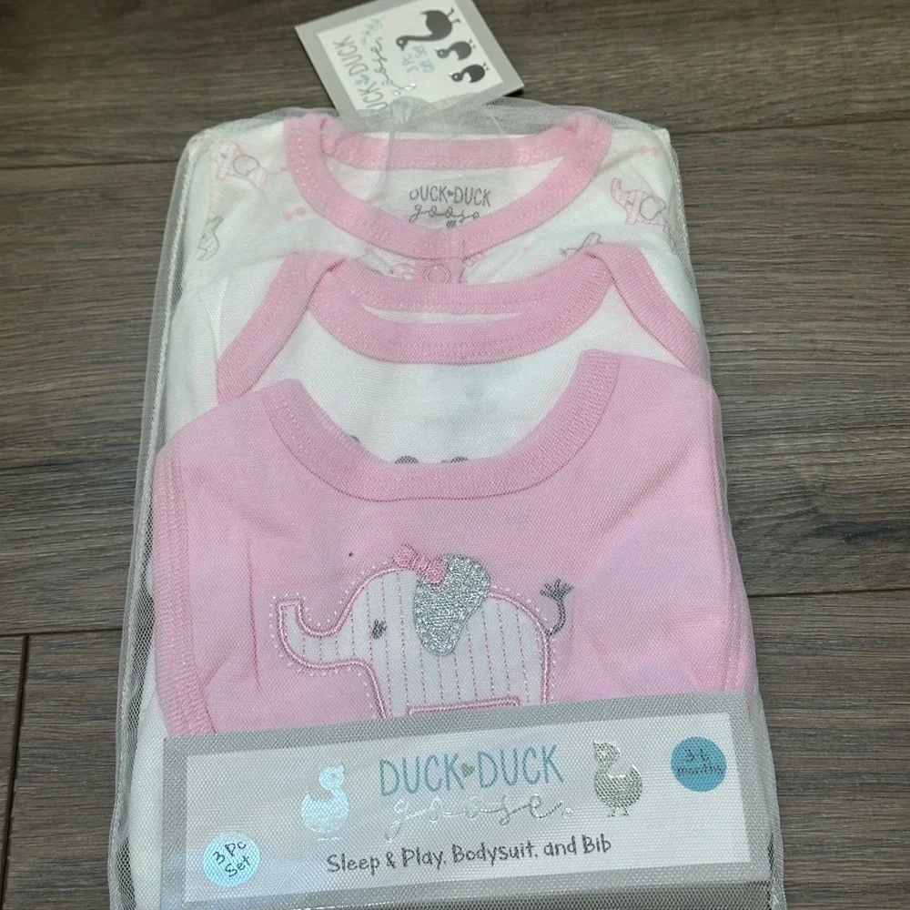 Duck Duck Girls Pink & White Elephant Print Bodysuit Set - 3pc